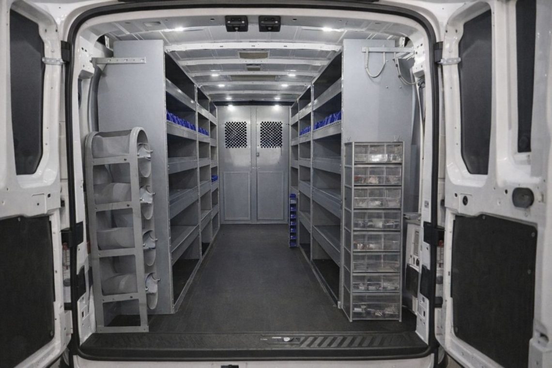 Aménagement intérieur d'un utilitaire avec étagères métalliques et bacs de rangement.