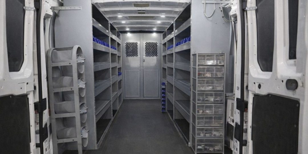 Aménagement intérieur d'un utilitaire avec étagères métalliques et bacs de rangement.